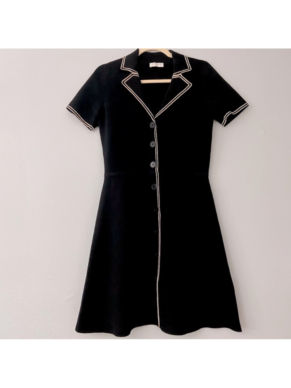 Sandro Black Short-Sleeve Button-Front A-Line Dress with Contrast Trim